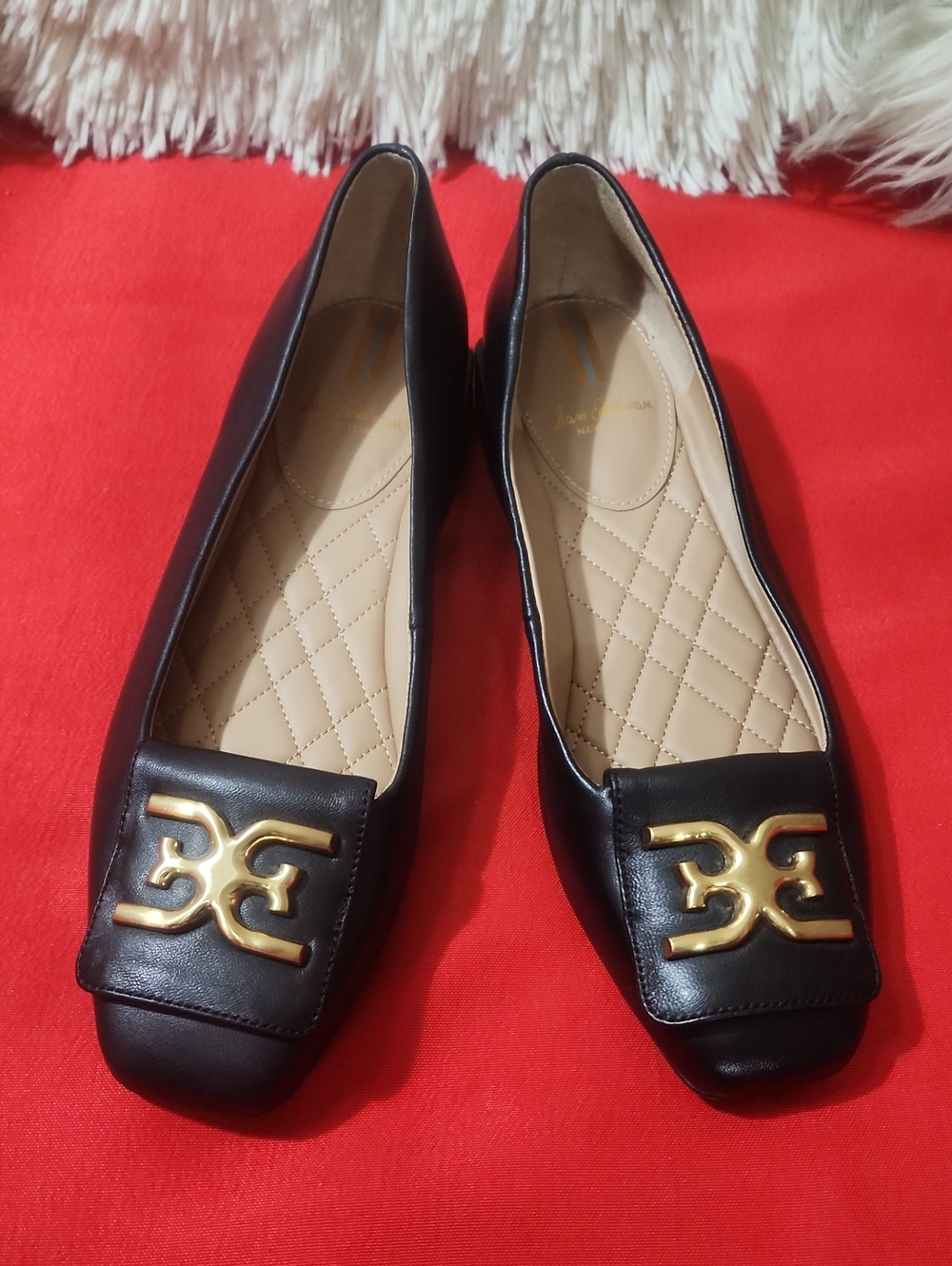Sam EdelmanEmina Square Toe F  Black Leather Quilted Insole Flats with Gold Logo
